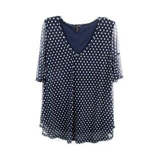 Obsession Women Plus 2X Blue White Polka Dot Mesh Lined Tunic Top Bell Sleeve
